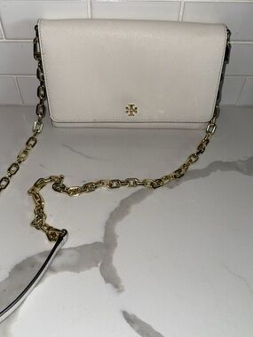 Tory Burch Cream Leather Crossbody with Gold Chain